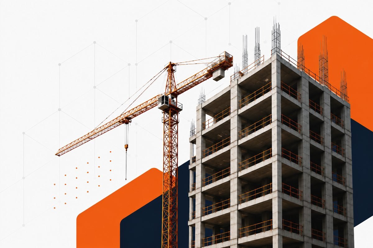 Obra em construção com guindaste, representando o acompanhamento de canteiro do MeuCanteiro